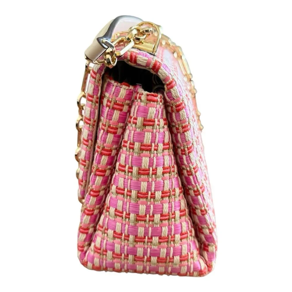 Kate Spade Carlyle Raffia Tweed Medium Shoulder Bag Chain Strap Pink